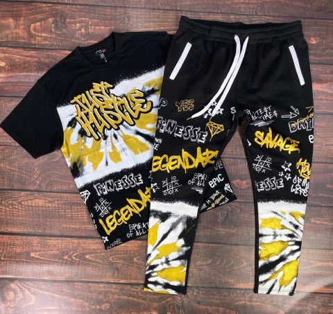 BIG MEN'S JUST HUSTLE PANTS SET BLACK/GOLD