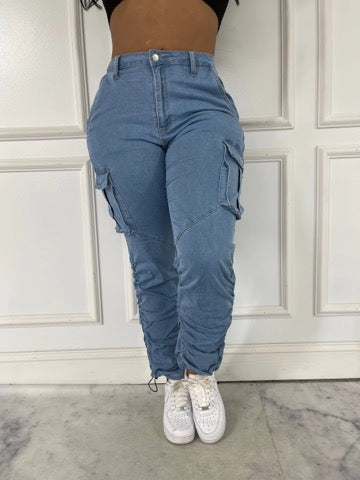 PLUS SIZE BOTTOM SHIRRED CARGO PANTS // LT BLUE