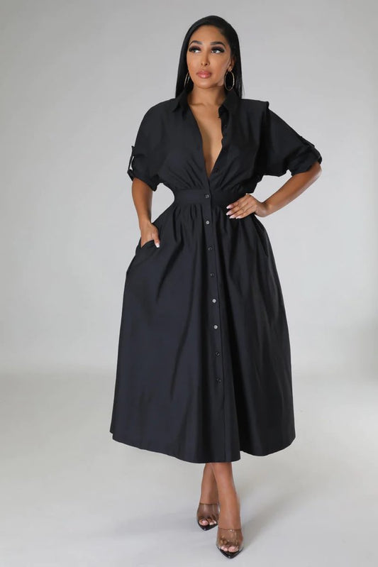 COLLAR BUTTON UP SHIRT DRESS // BLACK