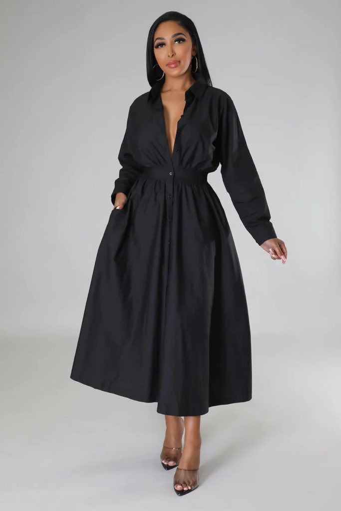 COLLAR BUTTON UP SHIRT DRESS // BLACK